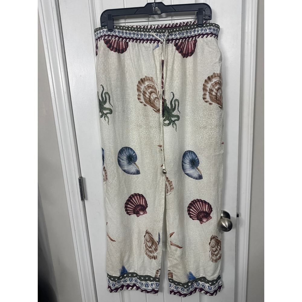 Calypso St Barth Linen Blend Wide Leg Nautical Sea Life Print Pants Cream Large